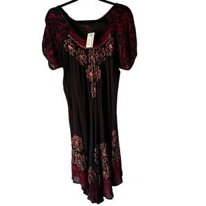 Star India Black Red Embroidered Floral Boho Handkerchief Hem Dress One size NWT